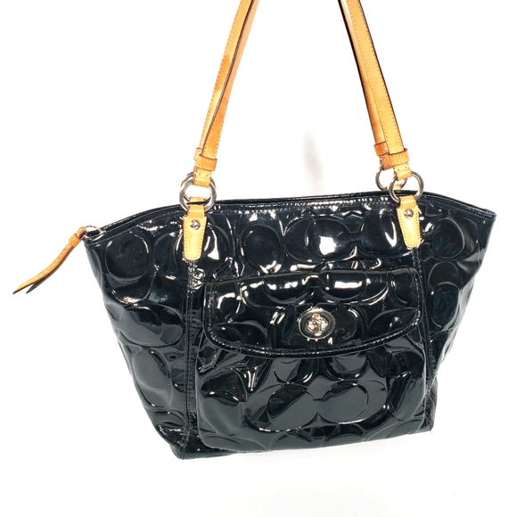 Coach Black Tote Patent Leather Turn Lock Blue - Picture 3 of 14